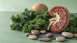© Hasya - Photorealistic kidney model with fresh kale and potato, surrounded by smooth stones