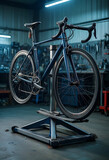 Bicycle maintenance and repair, professional road bike service in a workshop with tools and equipment for cycling performance and mechanical tuning