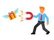 © Agus - Businessman attracting flying gift box with magnet, customer reward and lead generation concept vector illustration
