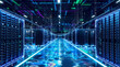 © ALPSARAL - Futuristic Server Room with Neon Lights: A long, glowing corridor of a modern data center, lined with racks of servers, illuminated by vibrant neon blue and purple lights.