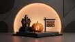 © detry26 - Miniature haunted house and glowing carved pumpkin with realtor for sale sign on display podium. Festive Halloween real estate marketing concept for spooky holiday property sales