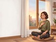 © Hashan - Young Woman Meditating with Hand on Chest by Sunset Window Peaceful Mental Health Illustration