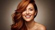 © Inspire Shots Hub - Woman with flowing auburn hair and a radiant smile, showcasing smooth skin and confidence, representative of beauty and wellness