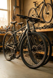 Cycling maintenance and repair, modern bicycles in a workshop for professional service, sustainable transport and active lifestyle in a bike repair shop