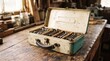 © mytour - Small antique metal toolbox filled with miniature vintage wrenches, featuring faded turquoise paint, brass hardware and a charming 1940s workshop aesthetic