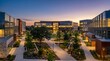 © RealPixelShot - Un moderno desarrollo inmobiliario con oficinas corporativas y areas verdes al atardecer en el distrito comercial
