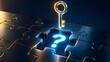 © resky - Glowing golden key hovering over question mark on dark metallic puzzle board representing problem solving