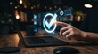 © Pratondo - Professional pointing at a virtual holographic check mark symbol indicating successful compliance and digital approval.