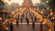 © Paras - Blurred temple stairs with people walking up to a religious shrine at sunset, soft bokeh lights and warm golden atmosphere for spiritual travel and cultural heritage background