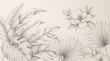 © Arshad - Minimalist botanical wall design with large layered leaves extending across the composition and one beautiful flower as the focal point, refined pencil textures, spacious cream background, premium con