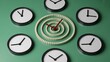 © Asad - Time management concept with multiple clocks surrounding a central target representing productivity and coordination