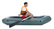 © New Africa - Man in life vest rowing inflatable rubber boat on white background