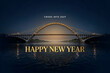 © Background - A glowing arched bridge illuminated at night over dark water with the text cross into 2027 and happy new year in gold lettering
