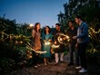 © Arip - A joyful group of diverse friends laughs while celebrating a festive evening outdoors by playing with bright glowing sparklers in a lush garden during the beautiful twilight hours of the night