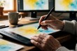© Vadym - Senior hands use digital stylus on graphics tablet to create watercolor art. Elderly creative pro works on electronic drawing pad at home studio. Person develops digital design skills with modern