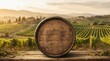 © DNA STUDIO - A rustic wooden barrel sits on a weathered table in a picturesque vineyard at golden hour, surrounded by lush grapevines and rolling hills for premium wine branding and food lifestyle marketing.