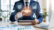 © Mr_Creative - Businessman interacting with a digital value interface overlay in a modern office setting.