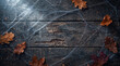 © Innovative Eye - Spooky dark wooden background covered in thick cobwebs and scattered autumn leaves with dramatic lighting for Halloween