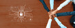 © InfiniteFlow - Diverse group of individuals collaborating on cybersecurity strategies, showcasing teamwork with hands joined over a wooden surface and digital lock graphics. Trope
