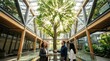 © Rajesh Kumar  - Diverse business professionals talking in a modern sustainable office building atrium featuring a large indoor tree with sunlight rays streaming through a glass skylight ceiling.