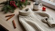 © MdAzizulHaque - Christmas cozy knitted sweater with cinnamon sticks, mug, and festive holiday decor on wooden table