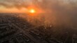 © Ng - Smog-filled urban sunset over industrial city landscape with smokestacks emitting plumes
