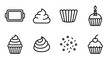 © Maruf - Cupcake icons set with baking tray, frosting, muffin liner, birthday cupcake and cherry cupcake for bakery and party