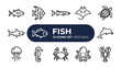 © mstmahmuda - Fish Icon Set: A collection of twelve monochrome line art icons depicting various aquatic animals, including fish, shark, turtle, dolphin, and more, suitable for web design and infographics.