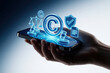 © Vadym - Hand holds smartphone with glowing blue copyright symbols, legal icons. Digital protection concept shows scales of justice, gavel, shield on screen. Mobile app manages intellectual property, law