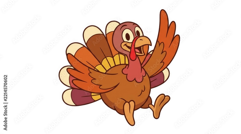 A cheerful animated cartoon turkey waving its wing happily in a ...