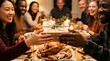 © Marlon - Diverse family enjoys warm indoor gathering exchanging gifts and sharing a festive meal with roast turkey and wine