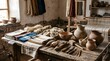 © Md - Traditional handcrafted textiles pottery and goods displayed on tables in a rustic village setting