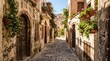 © Worlds Art - Charming old narrow cobblestone street lined with traditional stone buildings decorated with colorful flowering plants under bright daylight