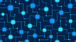 © Lipika - Abstract seamless vector pattern of blue and cyan square microchip nodes linked by thin circuit lines on dark navy background for digital technology design tileable electronics network wallpaper