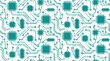 © Jannatul - Seamless tileable vector pattern of teal circuit board lines, microchip outlines and electronic nodes on white background, flat tech texture for digital, hardware and innovation design