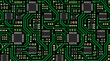 © Tanvir - Seamless repeating technology pattern depicting an electronic green printed circuit board with conductive copper pathways soldered microchips and golden connection pads in a flat vector art