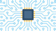 © AlAmin - Central square dark blue microchip with glowing yellow pins on seamless tileable light blue circuit board traces with connection nodes on white background flat vector tech illustration