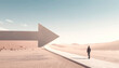 © SolaruS - A lonely traveler walks along a concrete path towards a giant arrow in a vast, surreal desert. This conceptual image evokes themes of purpose, life direction, and ambition with minimalist style.