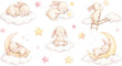 © Melissa Jennings - Watercolor illustrations of cute sleeping bunnies baby rabbits on clouds and crescent moons pastel stars and sweet dreams imagery for children bunny animal