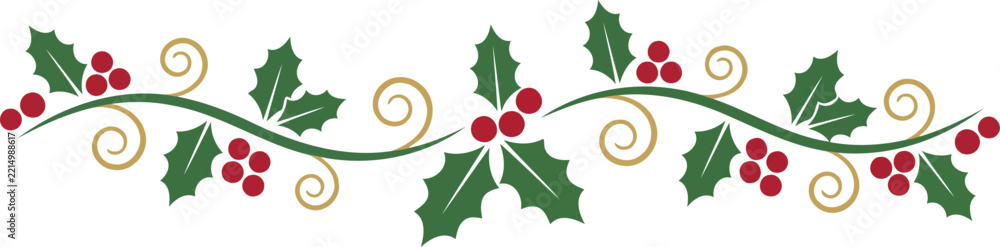 Decorative christmas holly branch border with green leaves and red ...