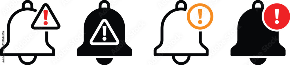 Notification bell icons with warning signs for system alerts and ...