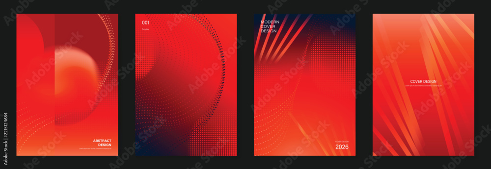 Red Orange Gradient Poster Set Vector with Curved Halftone Patterns ...