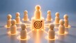 © AI - Wooden figures connected in a glowing network representing business leadership and target audience strategy