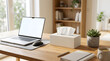 © Brata - A modern and minimalist home office setup featuring a laptop with a blank screen on a wooden desk. A tissue box, succulent plant, and coffee mug enhance the comfortable and productive workspace, id...