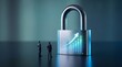 © Ali - Miniature business figures looking at a large glowing security padlock displaying financial growth graphs and upward arrows