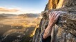 © kitti - hand gripping a steep rock cliff edge with mountain valley landscape view at sunrise.