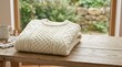 © Alex - Folded white cable knit wool sweater on a rustic wooden table. Warm handmade textured pullover by a window with coffee mug. Cozy autumn and winter fashion concept