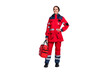 © deagreez - Full length body size view of attractive cheery girl doc rescuer carrying meds tools equipment isolated over grey pastel color background