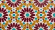 © junrizal - Intricate geometric mosaic pattern in vibrant red, golden yellow, and turquoise, showcasing traditional tile artistry