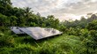 © Bams Nature - Photorealistic renewable energy concept featuring modern solar panels surrounded by lush green tropical vegetation under soft natural sunlight and a cloudy sky. Clean and sustainable technology integr